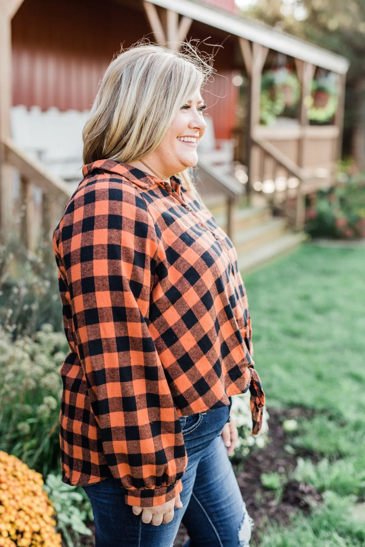 Takes Me Back Front Tie Plaid Top- Burnt Orange