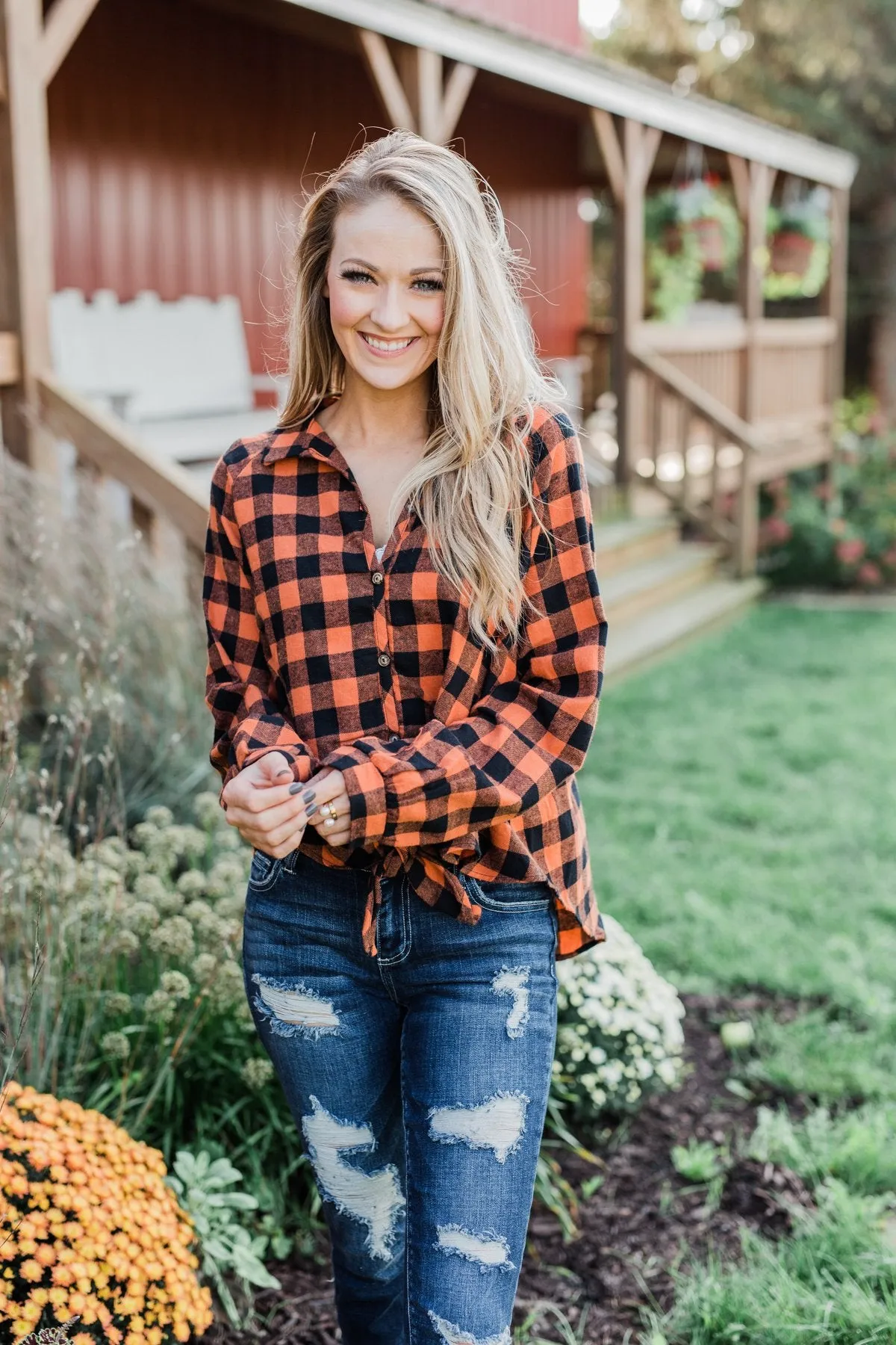 Takes Me Back Front Tie Plaid Top- Burnt Orange