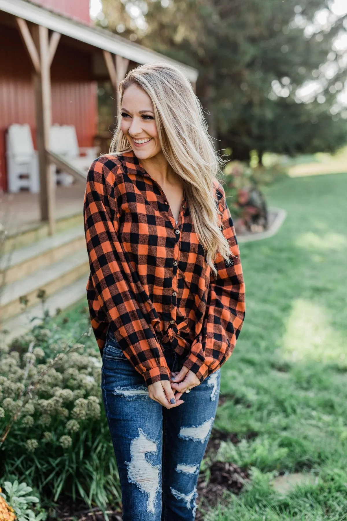 Takes Me Back Front Tie Plaid Top- Burnt Orange