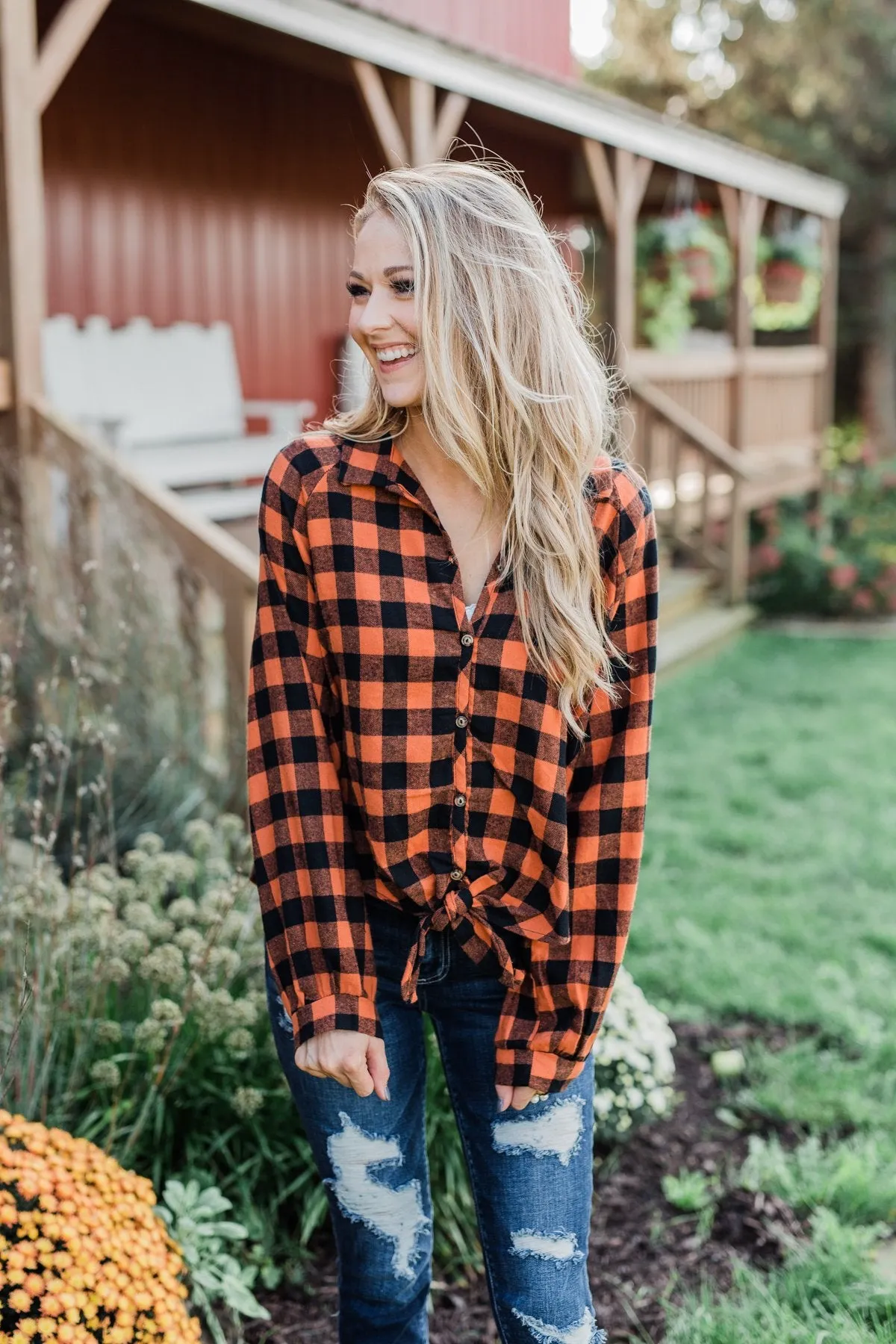 Takes Me Back Front Tie Plaid Top- Burnt Orange