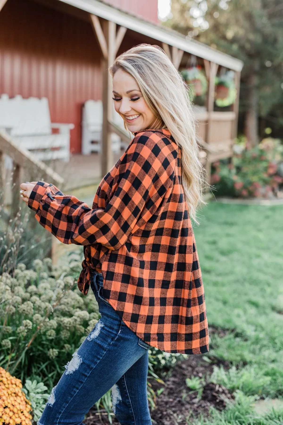 Takes Me Back Front Tie Plaid Top- Burnt Orange