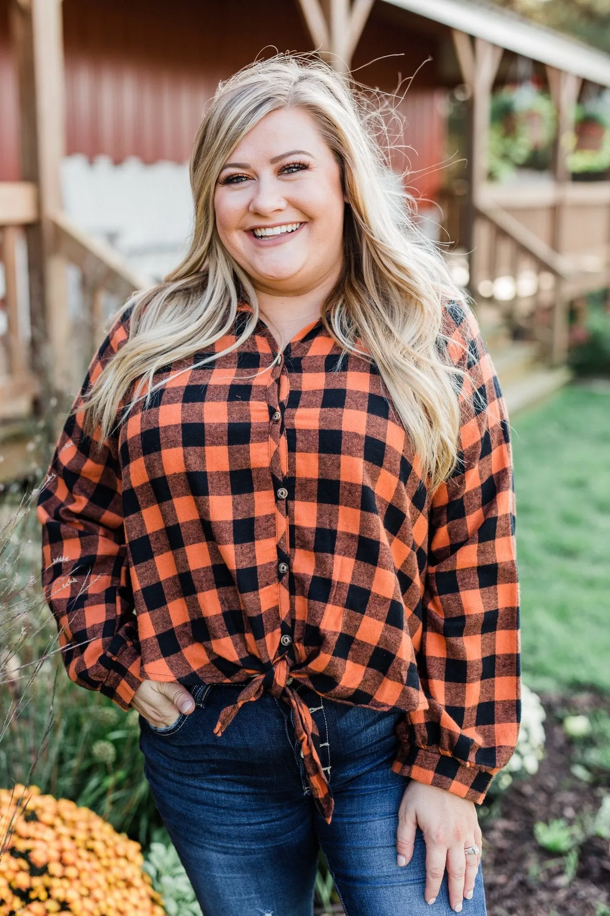 Takes Me Back Front Tie Plaid Top- Burnt Orange