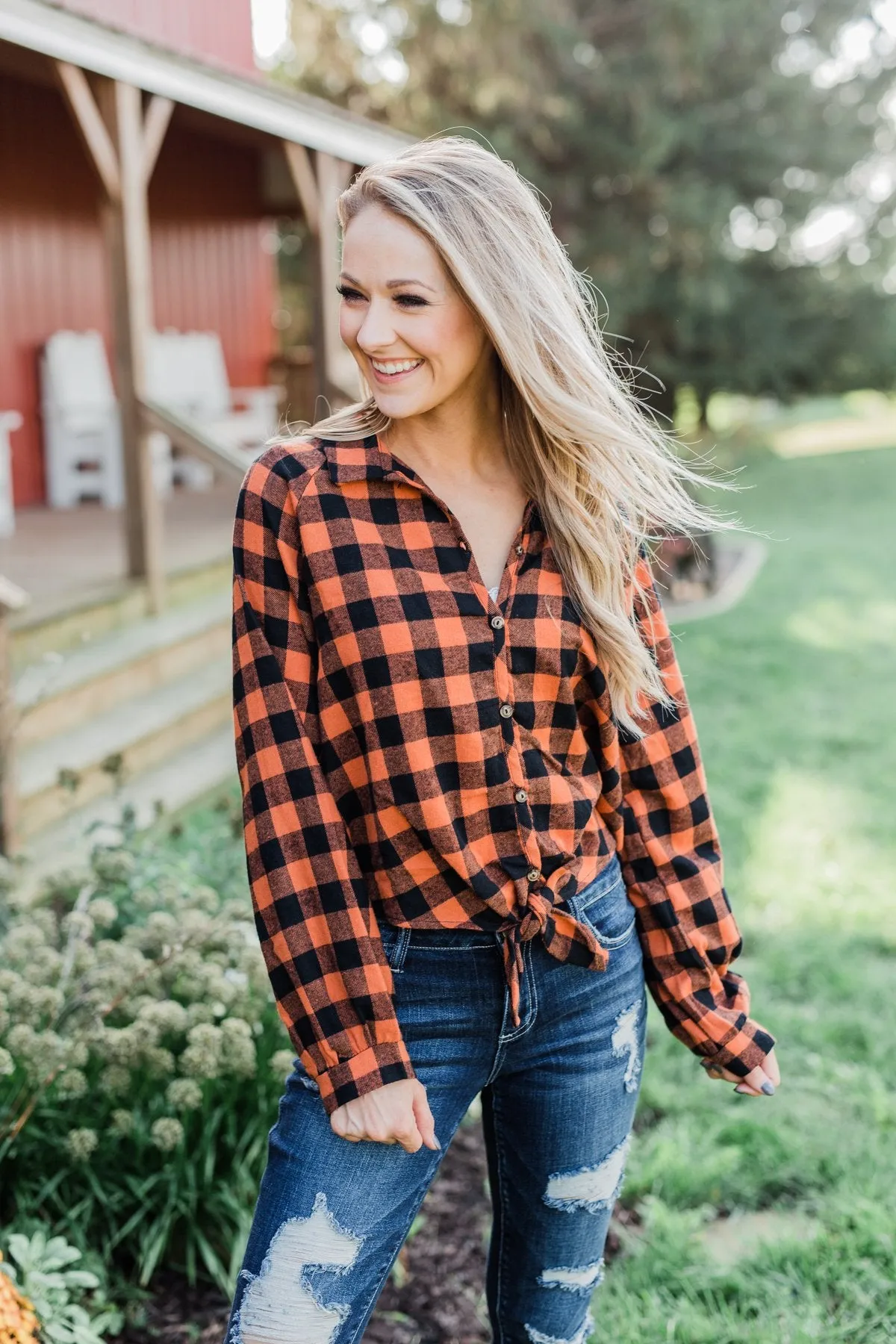 Takes Me Back Front Tie Plaid Top- Burnt Orange