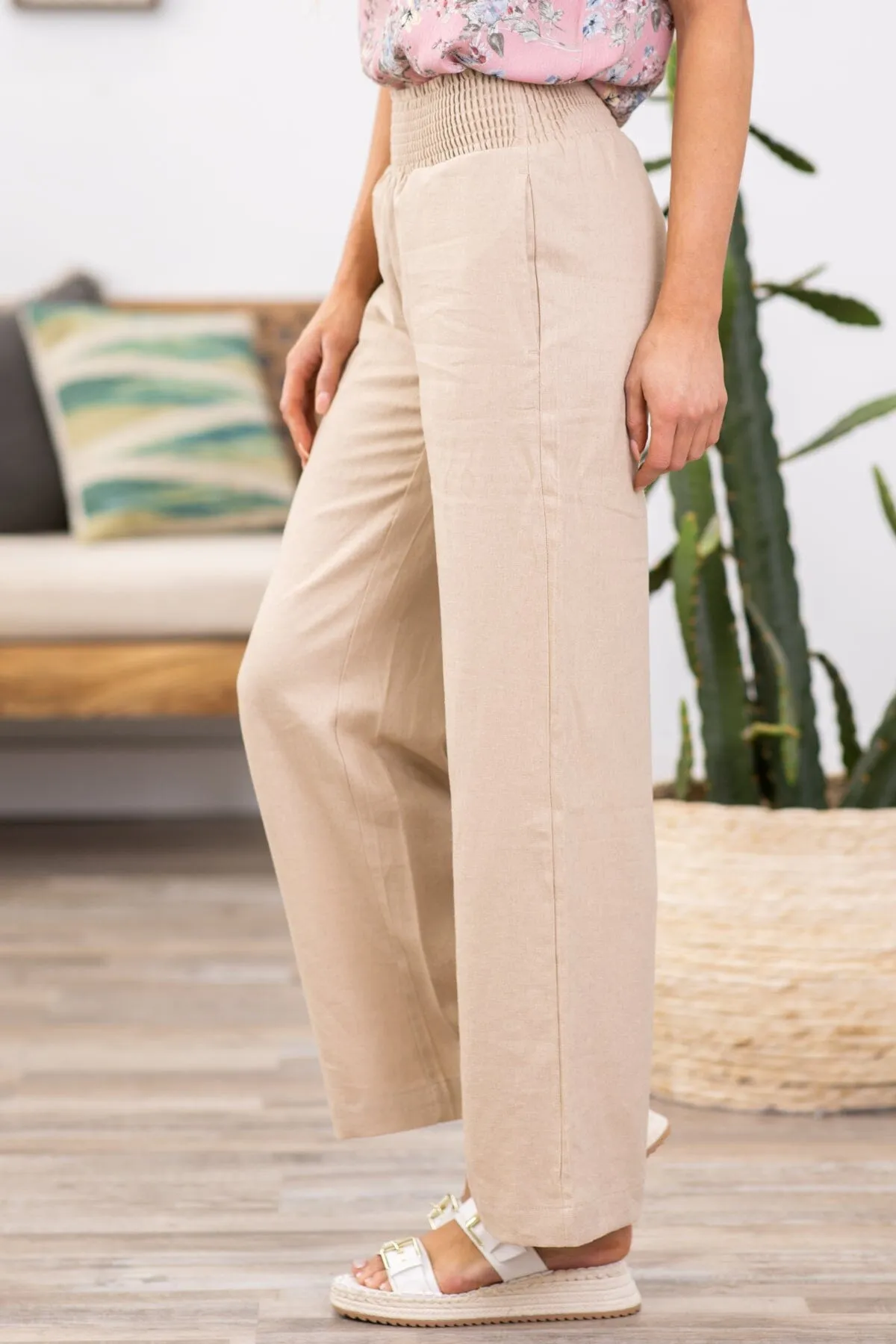 Tan Smocked Waist Wide Leg Pants