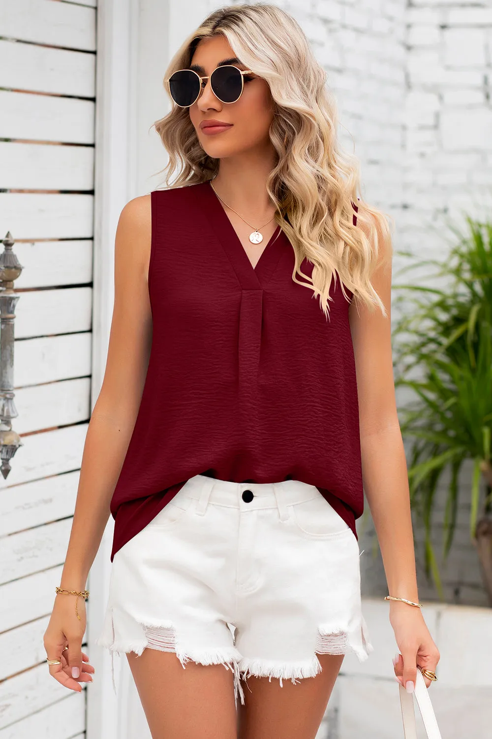 Texture V-Neck Sleeveless Top (7 Colors)