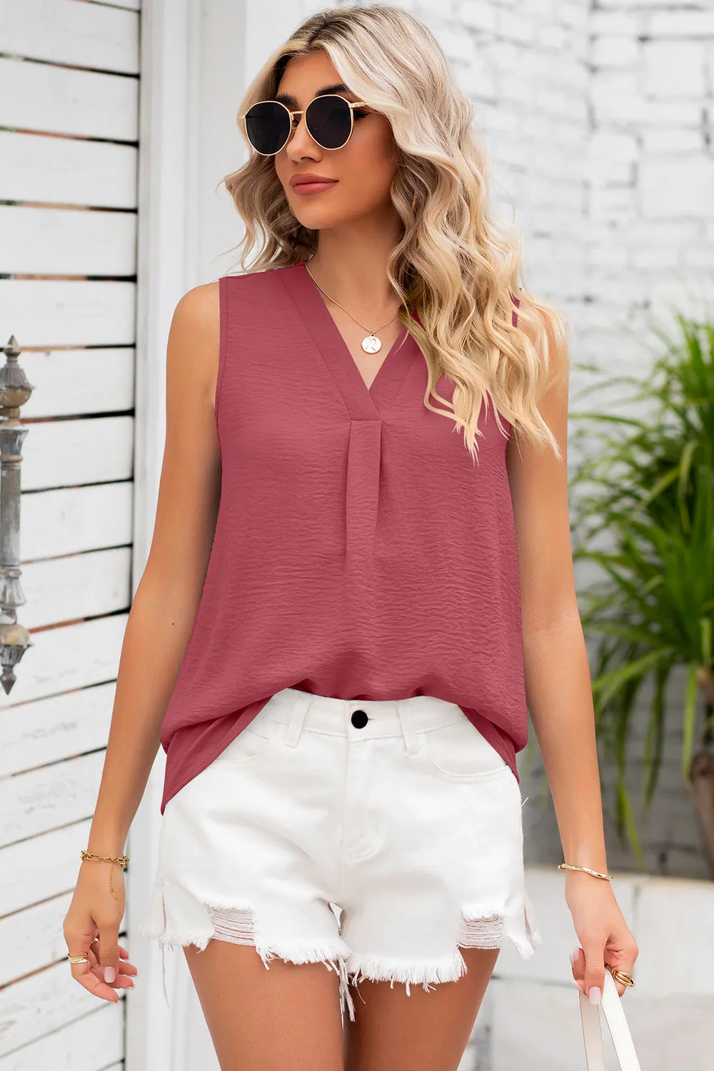 Texture V-Neck Sleeveless Top (7 Colors)