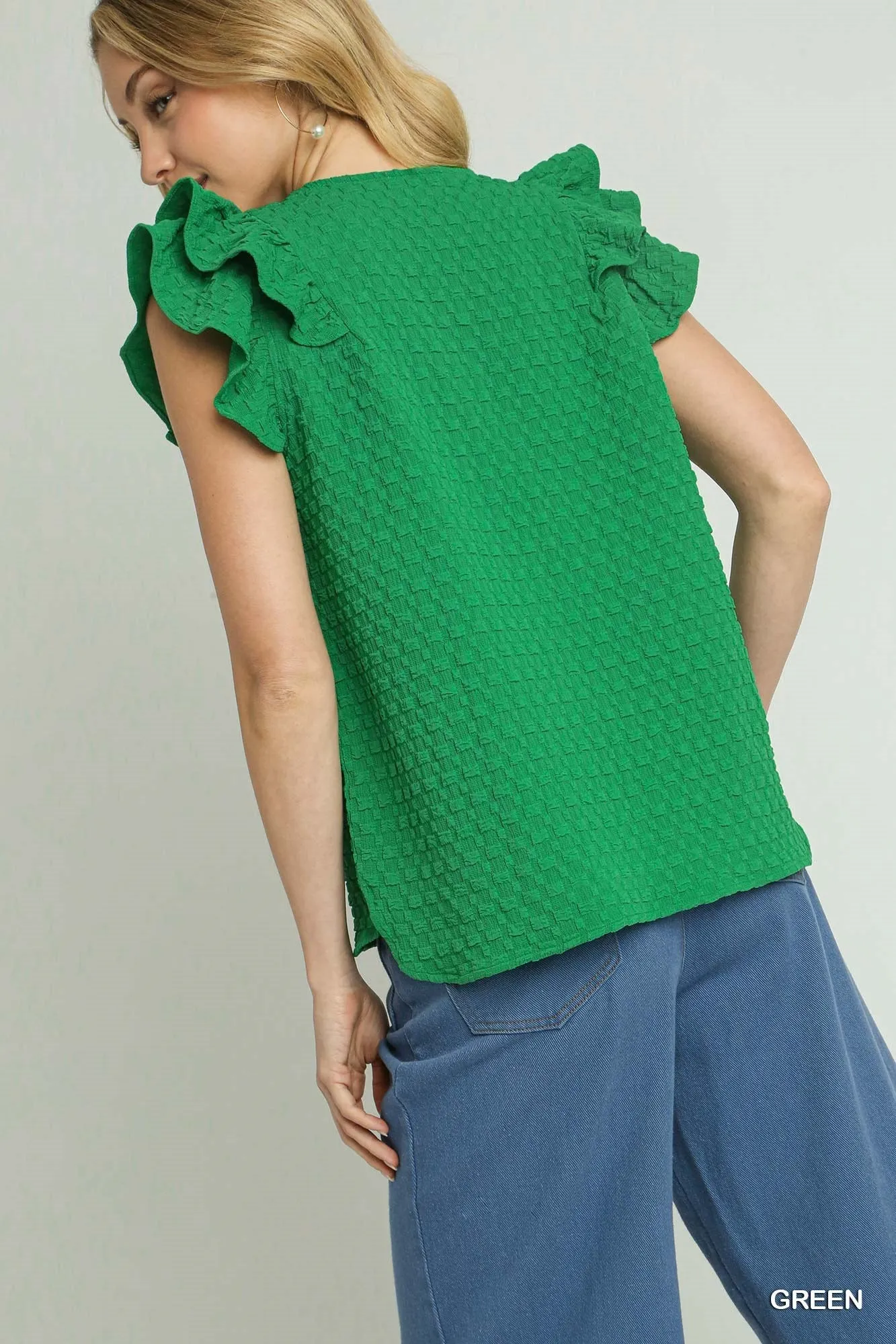 Textured Jacquard V-Neck Top with Ruffle Sleeves & Side Slit Umgee