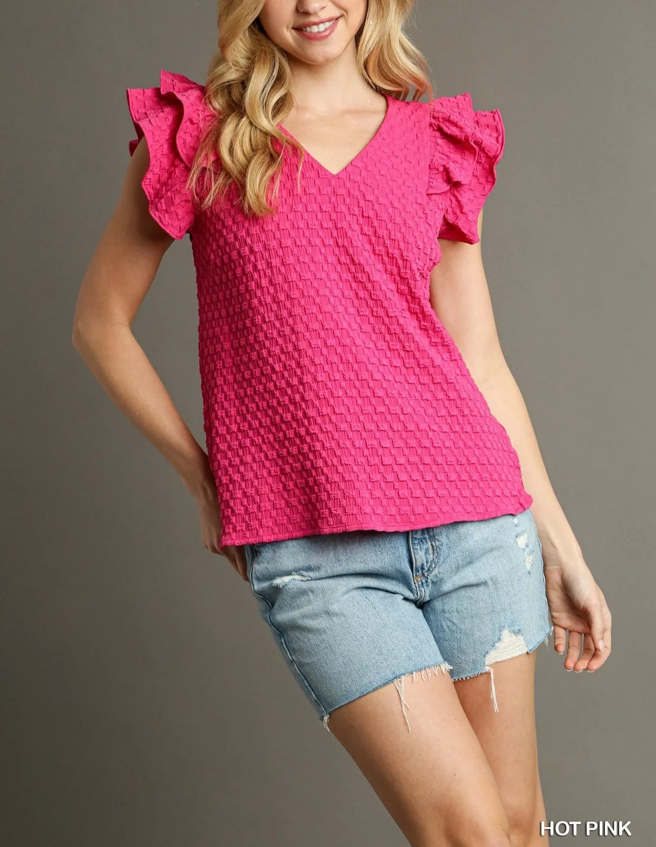 Textured Jacquard V-Neck Top with Ruffle Sleeves & Side Slit Umgee