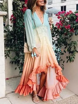 Tie-Dye Ruffle Hem Asymmetrical Maxi Dress