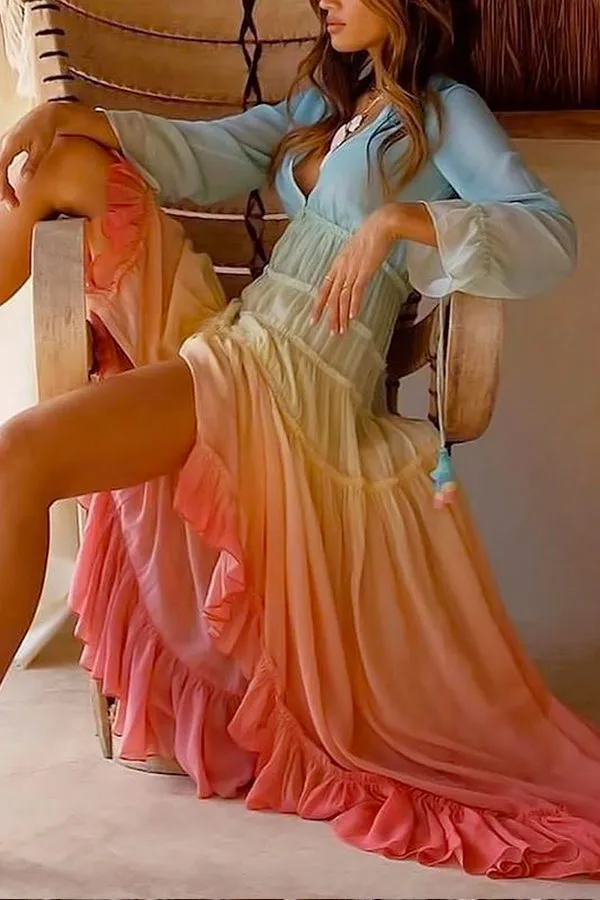 Tie-Dye Ruffle Hem Asymmetrical Maxi Dress
