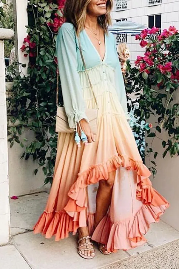 Tie-Dye Ruffle Hem Asymmetrical Maxi Dress