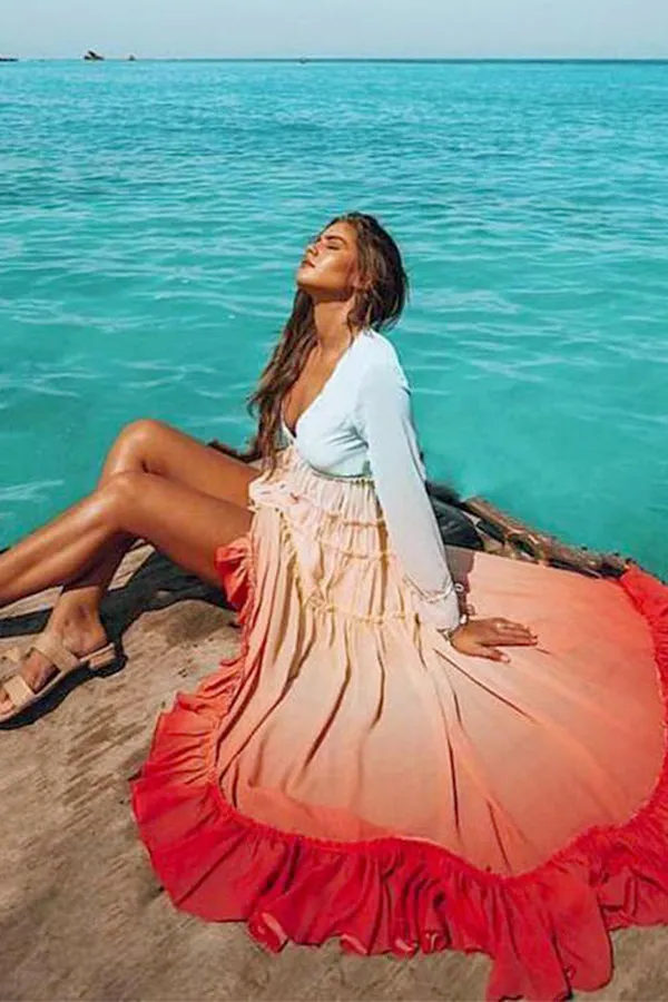 Tie-Dye Ruffle Hem Asymmetrical Maxi Dress