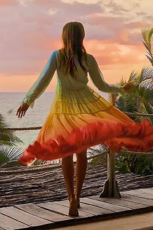 Tie-Dye Ruffle Hem Asymmetrical Maxi Dress