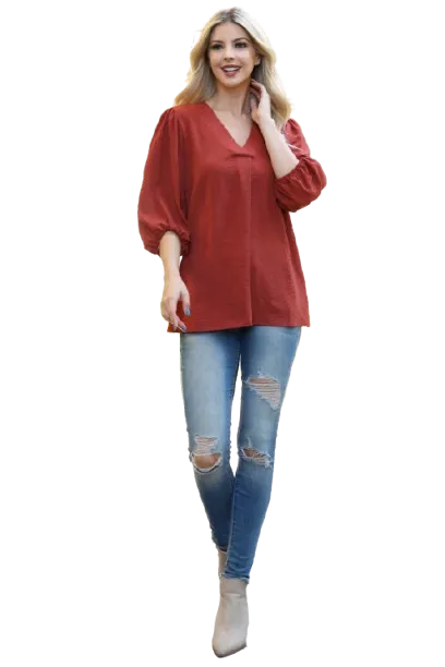 V Neck Band Elastic Tunnel Sleeve Woven Top Rust - Pack of 6