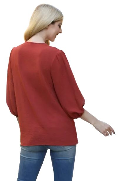 V Neck Band Elastic Tunnel Sleeve Woven Top Rust - Pack of 6