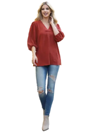 V Neck Band Elastic Tunnel Sleeve Woven Top Rust - Pack of 6