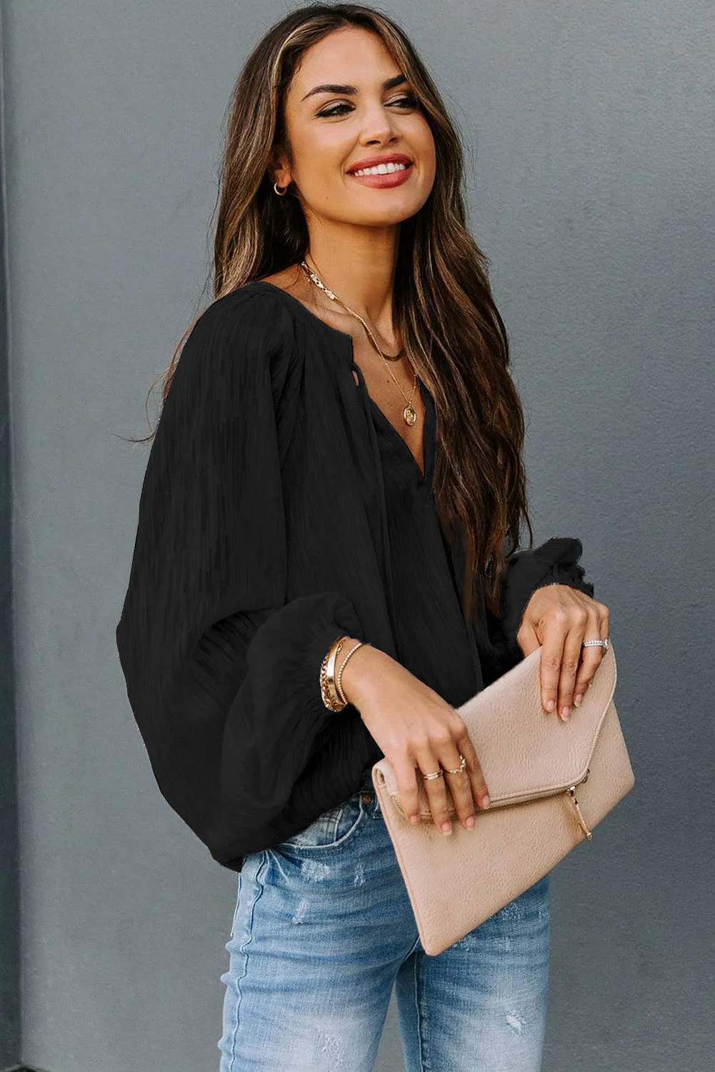 V Neck Lantern Sleeve Textured Solid Top