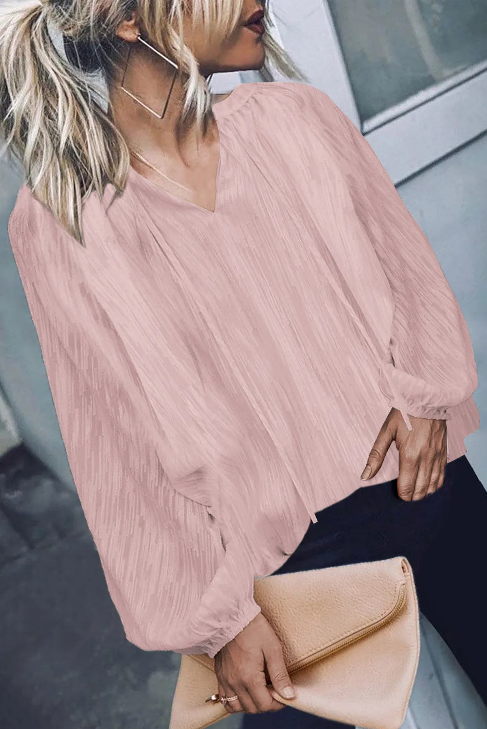 V Neck Lantern Sleeve Textured Solid Top