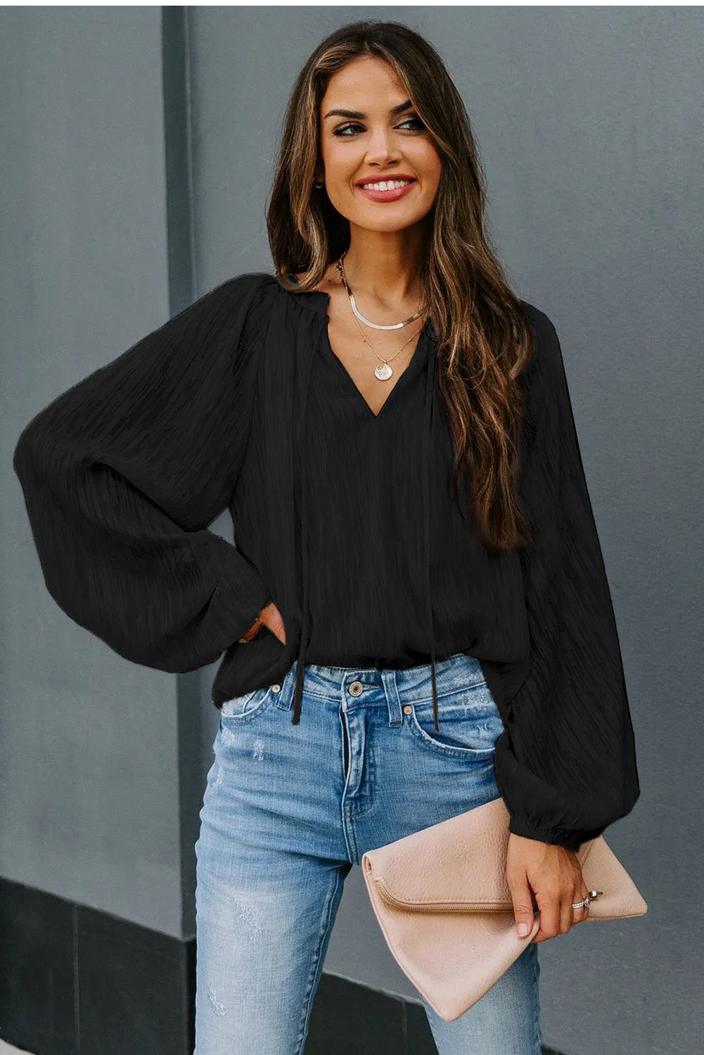 V Neck Lantern Sleeve Textured Solid Top