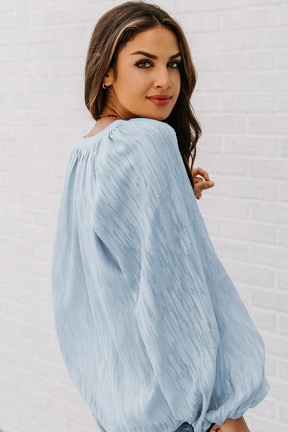 V Neck Lantern Sleeve Textured Solid Top