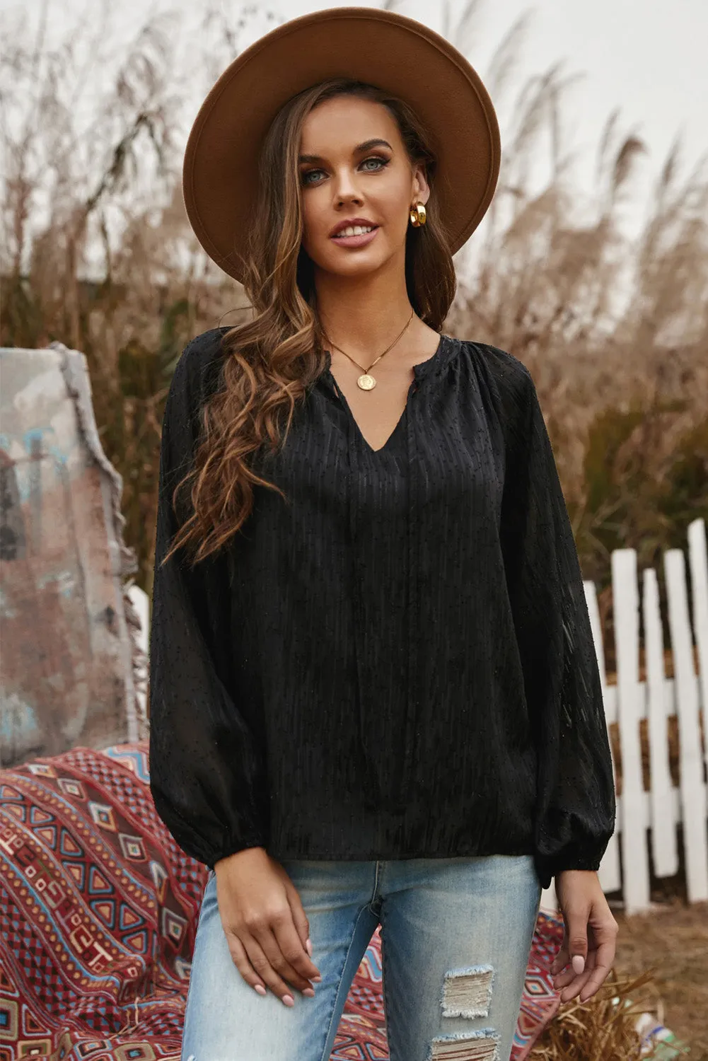 V Neck Lantern Sleeve Textured Solid Top