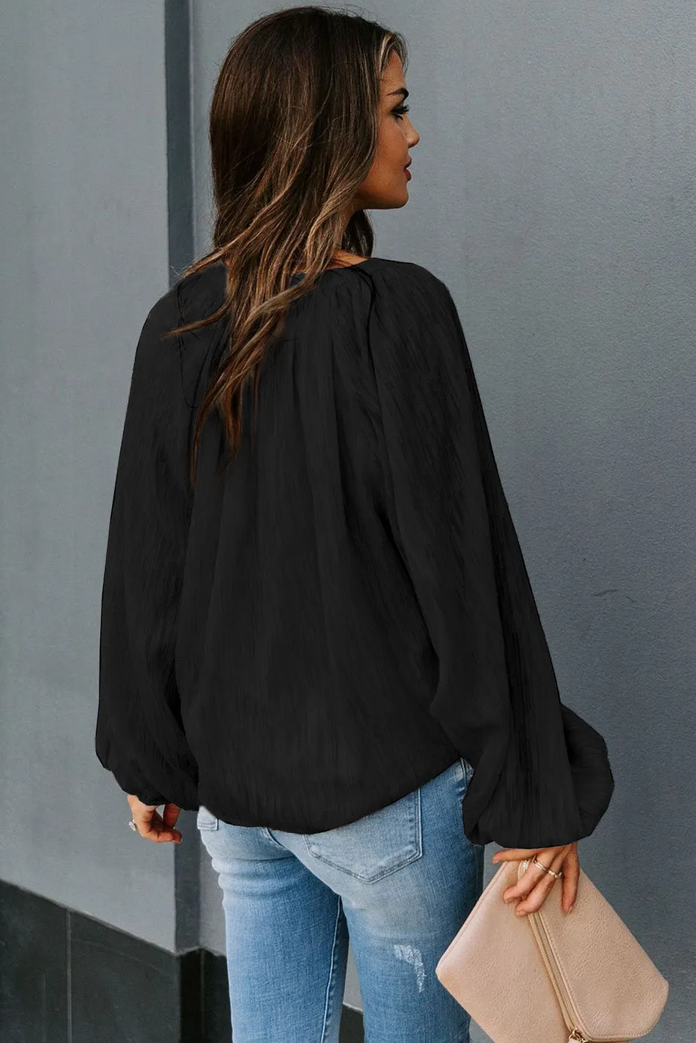 V Neck Lantern Sleeve Textured Solid Top