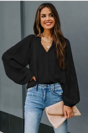 V Neck Lantern Sleeve Textured Solid Top