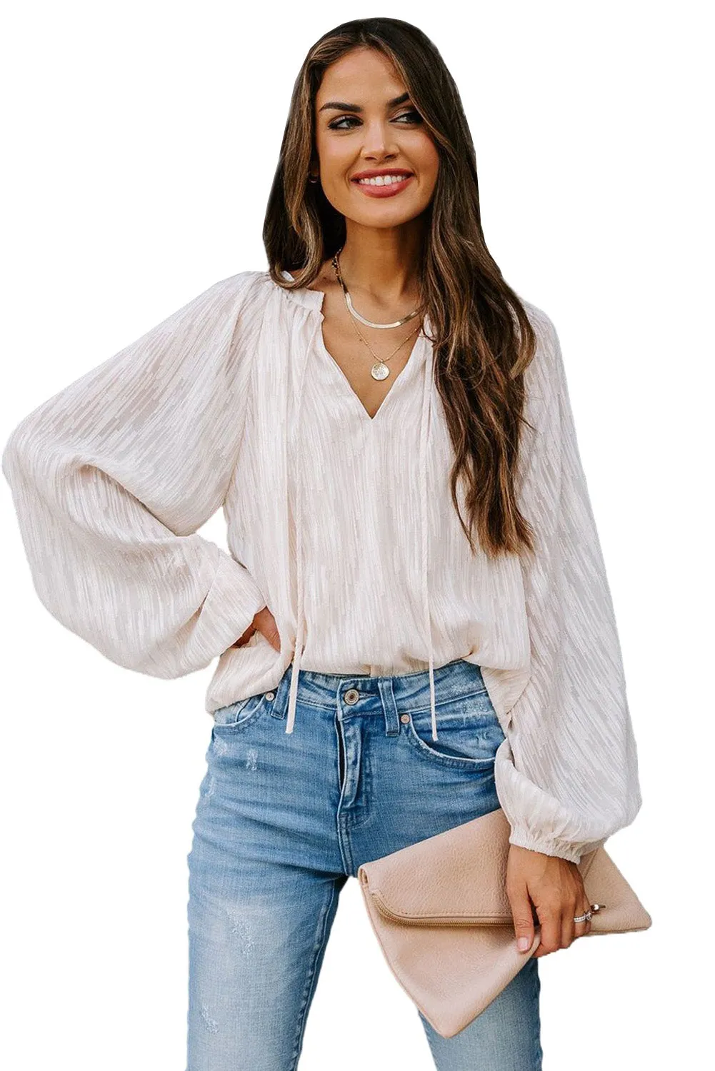 V Neck Lantern Sleeve Textured Solid Top