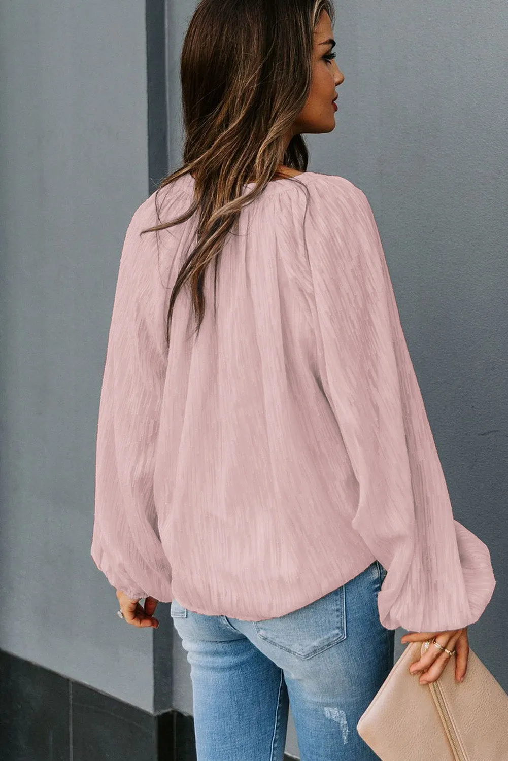 V Neck Lantern Sleeve Textured Solid Top