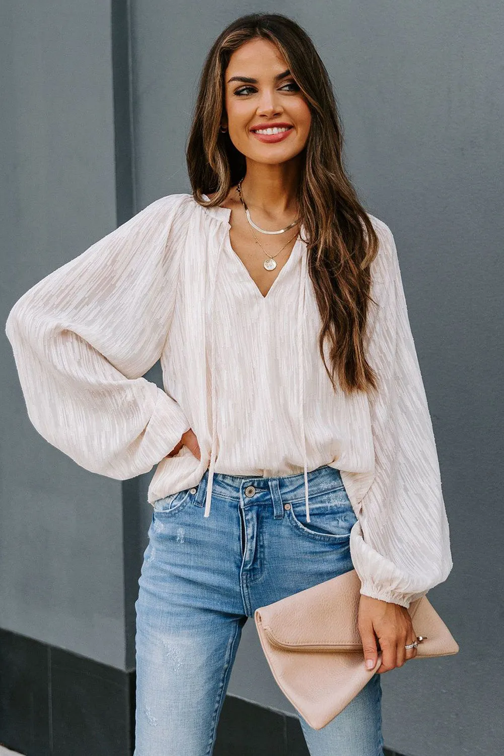 V Neck Lantern Sleeve Textured Solid Top