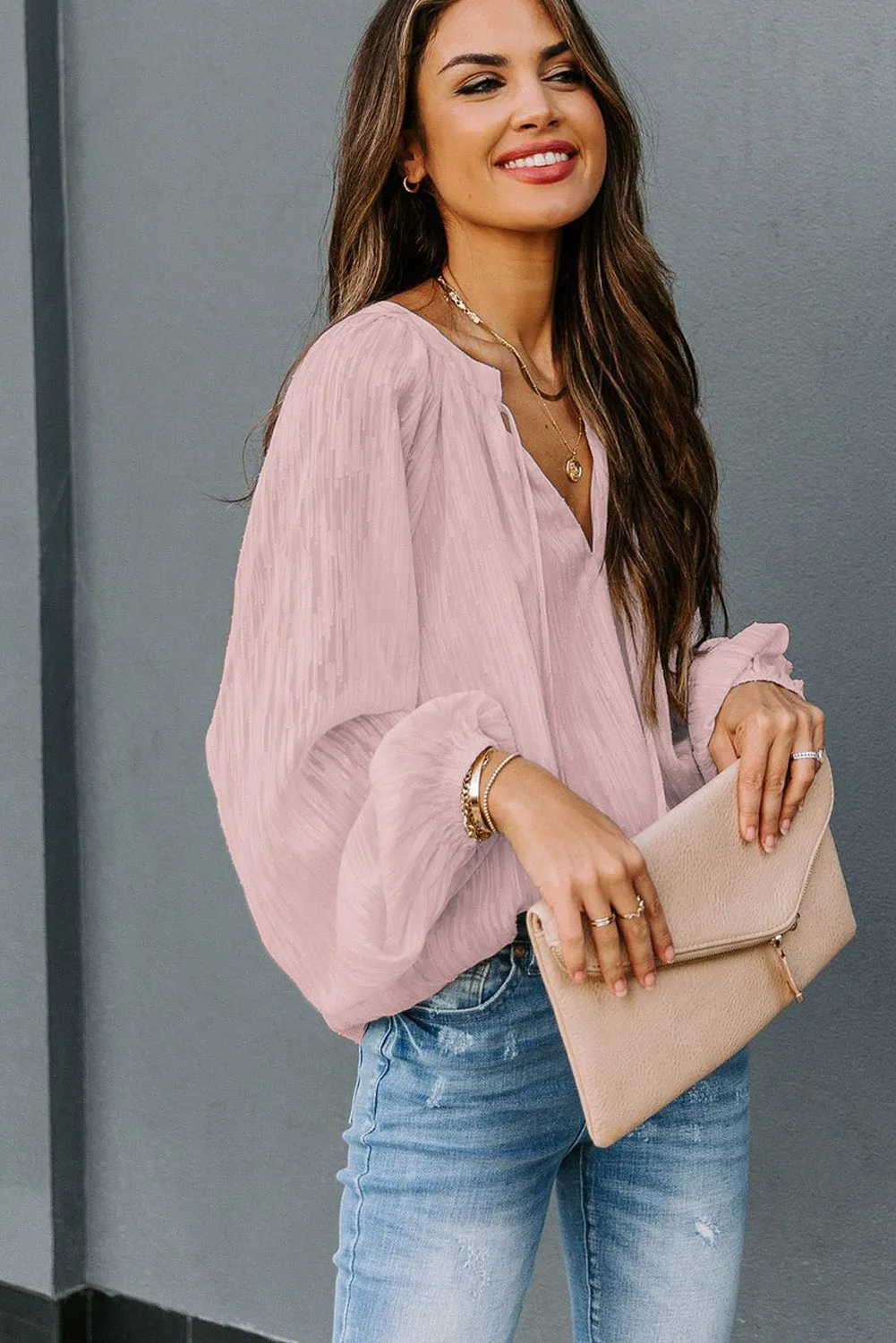 V Neck Lantern Sleeve Textured Solid Top
