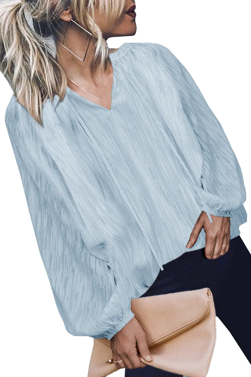 V Neck Lantern Sleeve Textured Solid Top