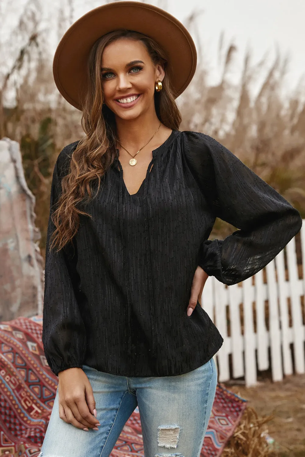 V Neck Lantern Sleeve Textured Solid Top