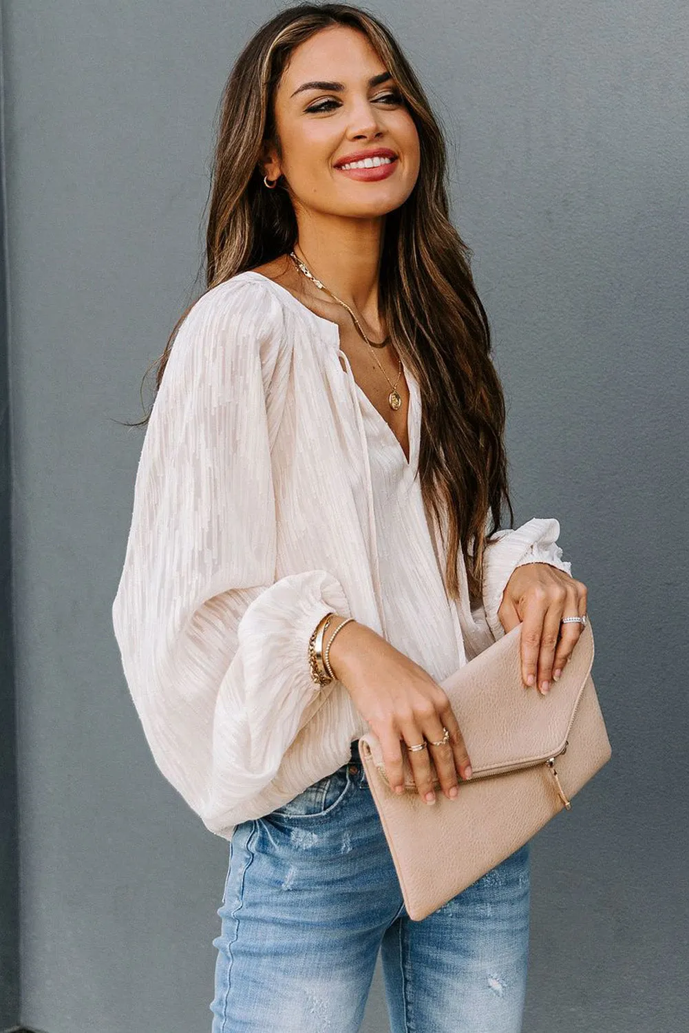 V Neck Lantern Sleeve Textured Solid Top