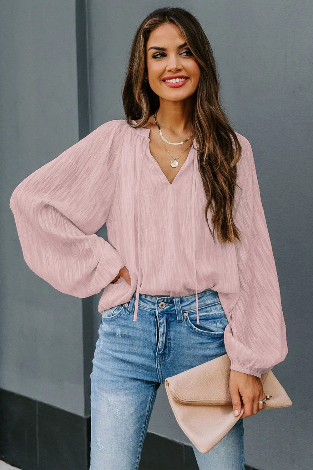 V Neck Lantern Sleeve Textured Solid Top