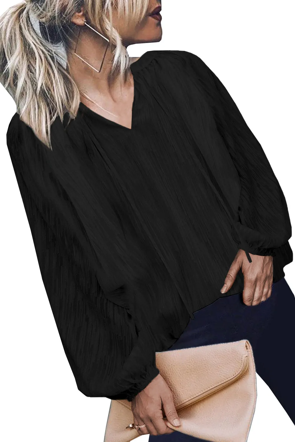 V Neck Lantern Sleeve Textured Solid Top