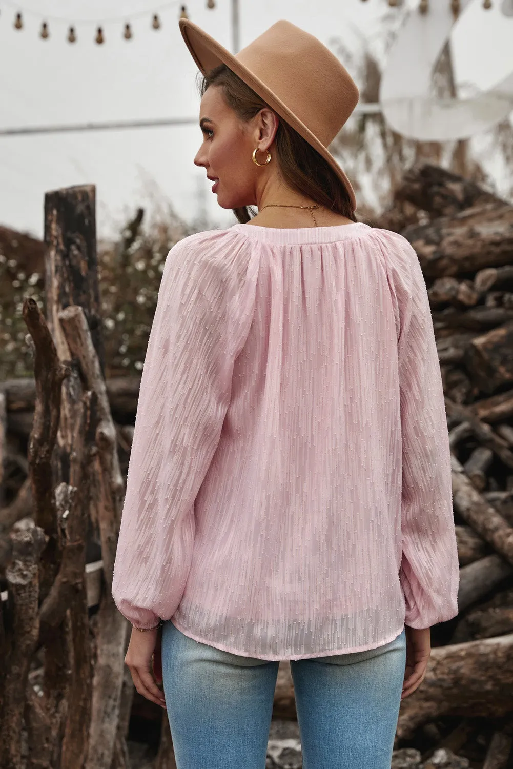 V Neck Lantern Sleeve Textured Solid Top