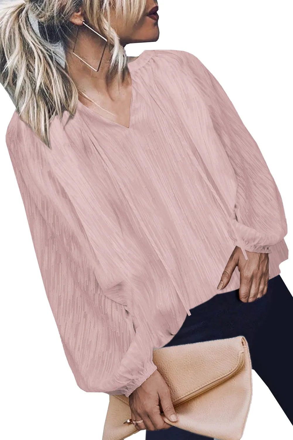 V Neck Lantern Sleeve Textured Solid Top