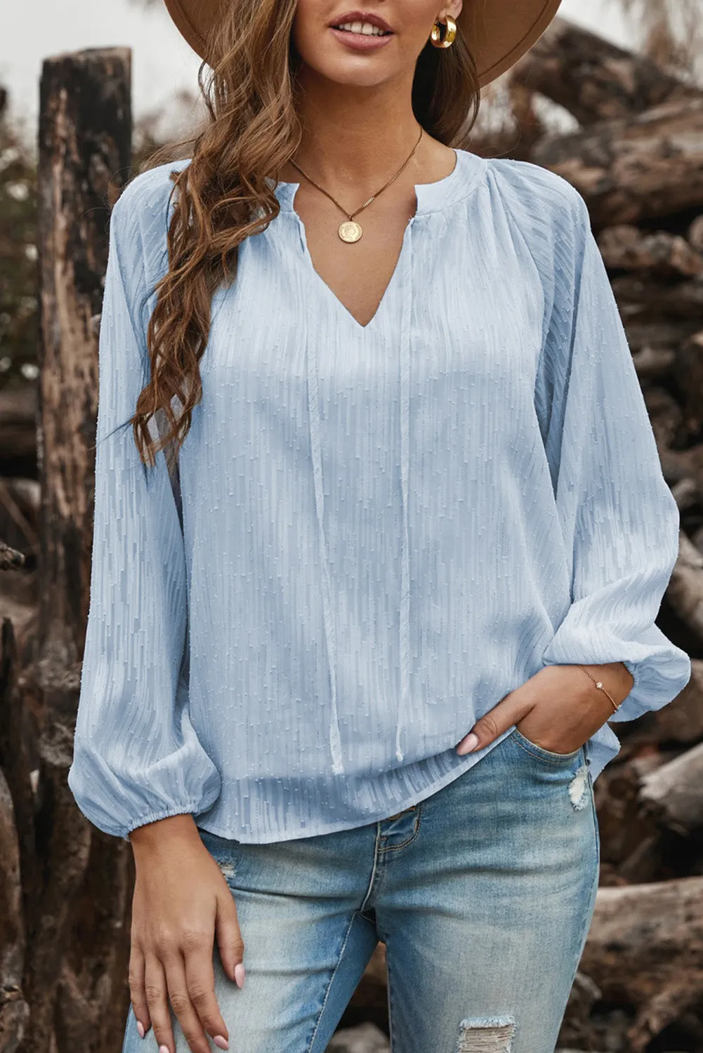 V Neck Lantern Sleeve Textured Solid Top