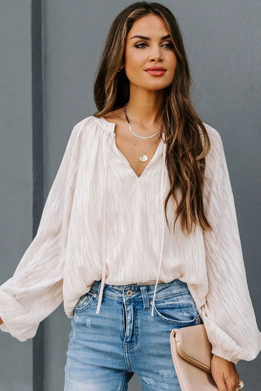 V Neck Lantern Sleeve Textured Solid Top