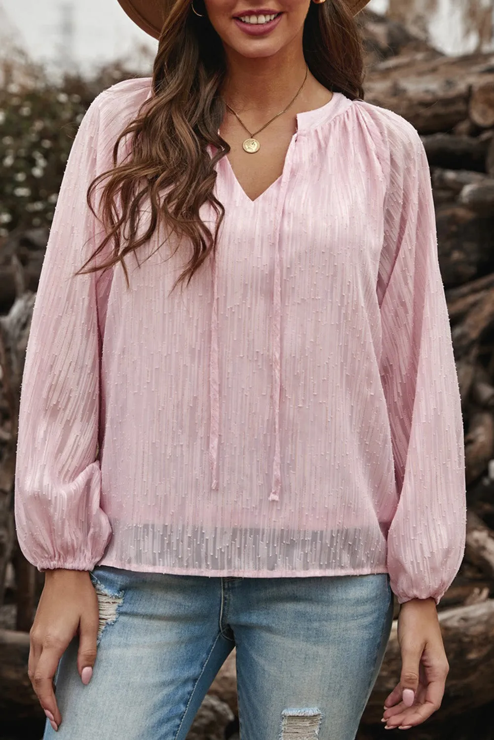 V Neck Lantern Sleeve Textured Solid Top