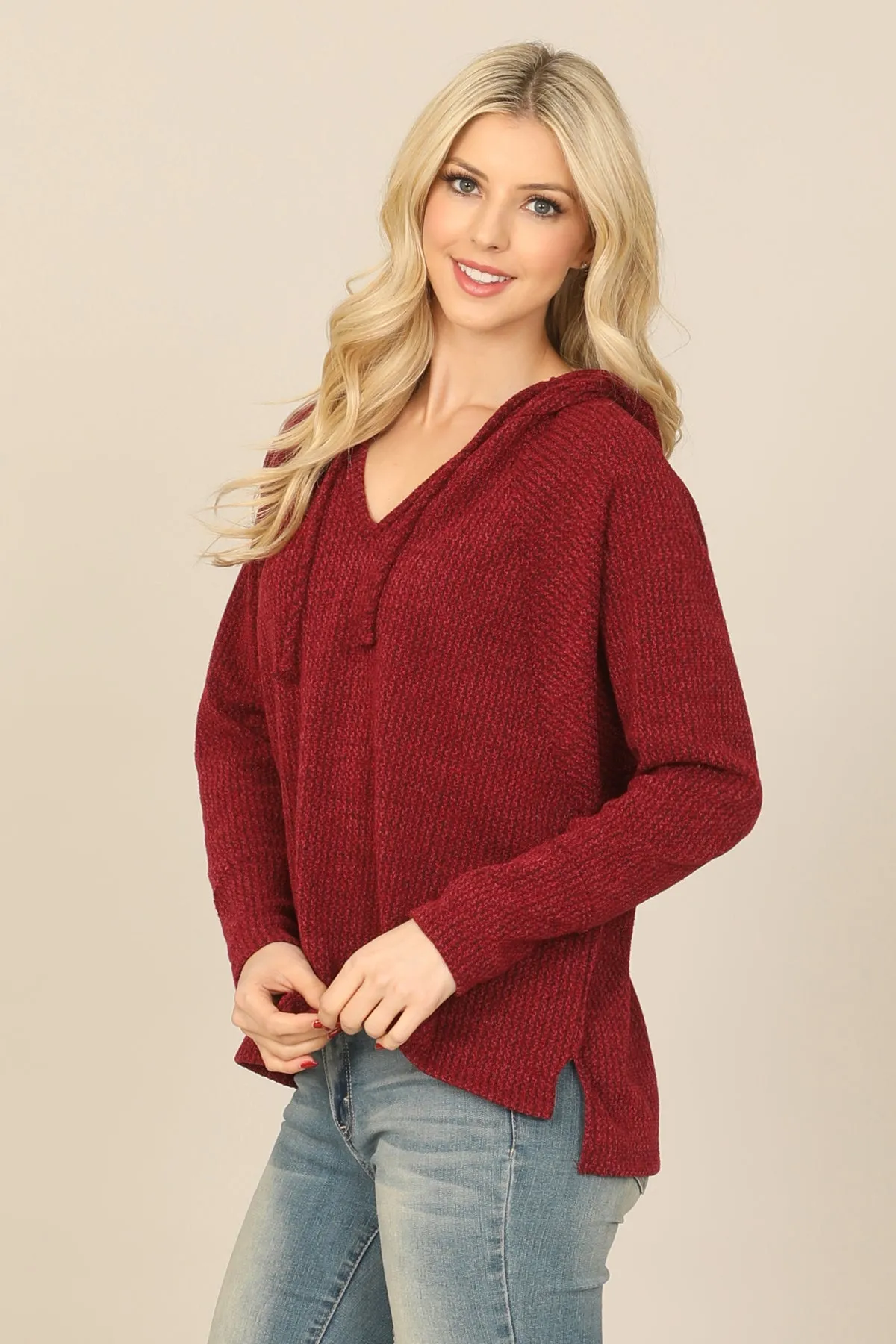 V-NECK LONG SLEEVE HOODIE KNITTED TOP
