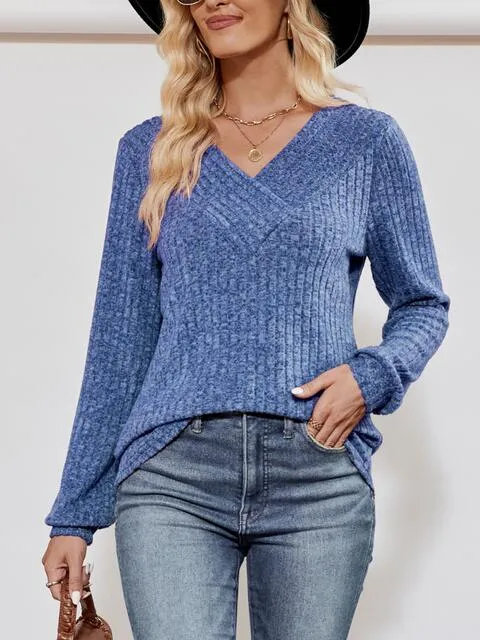 V-Neck Ribbed Long Sleeve Top (4 Colors)