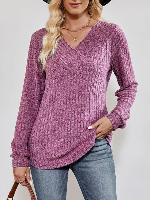 V-Neck Ribbed Long Sleeve Top (4 Colors)