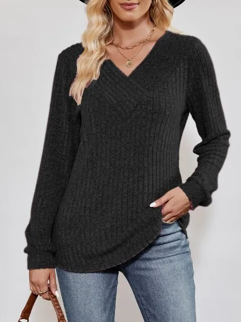 V-Neck Ribbed Long Sleeve Top (4 Colors)