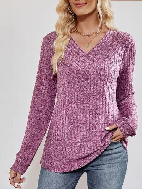 V-Neck Ribbed Long Sleeve Top (4 Colors)