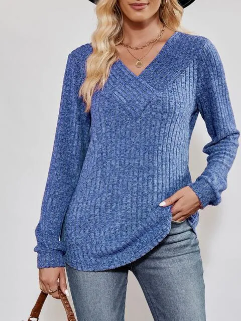 V-Neck Ribbed Long Sleeve Top (4 Colors)