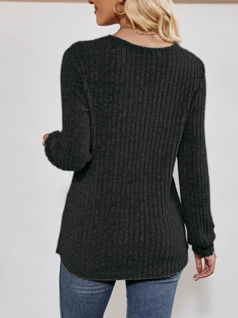 V-Neck Ribbed Long Sleeve Top (4 Colors)