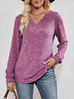 V-Neck Ribbed Long Sleeve Top (4 Colors)