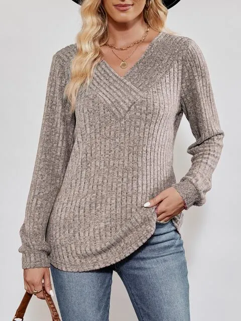 V-Neck Ribbed Long Sleeve Top (4 Colors)